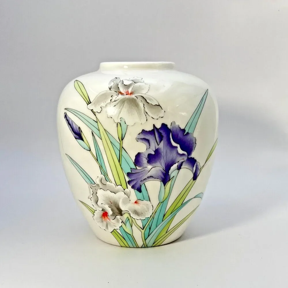 Otagiri Japan Iris Bouquet Vase White and Purple Iris Flowers 5ins high